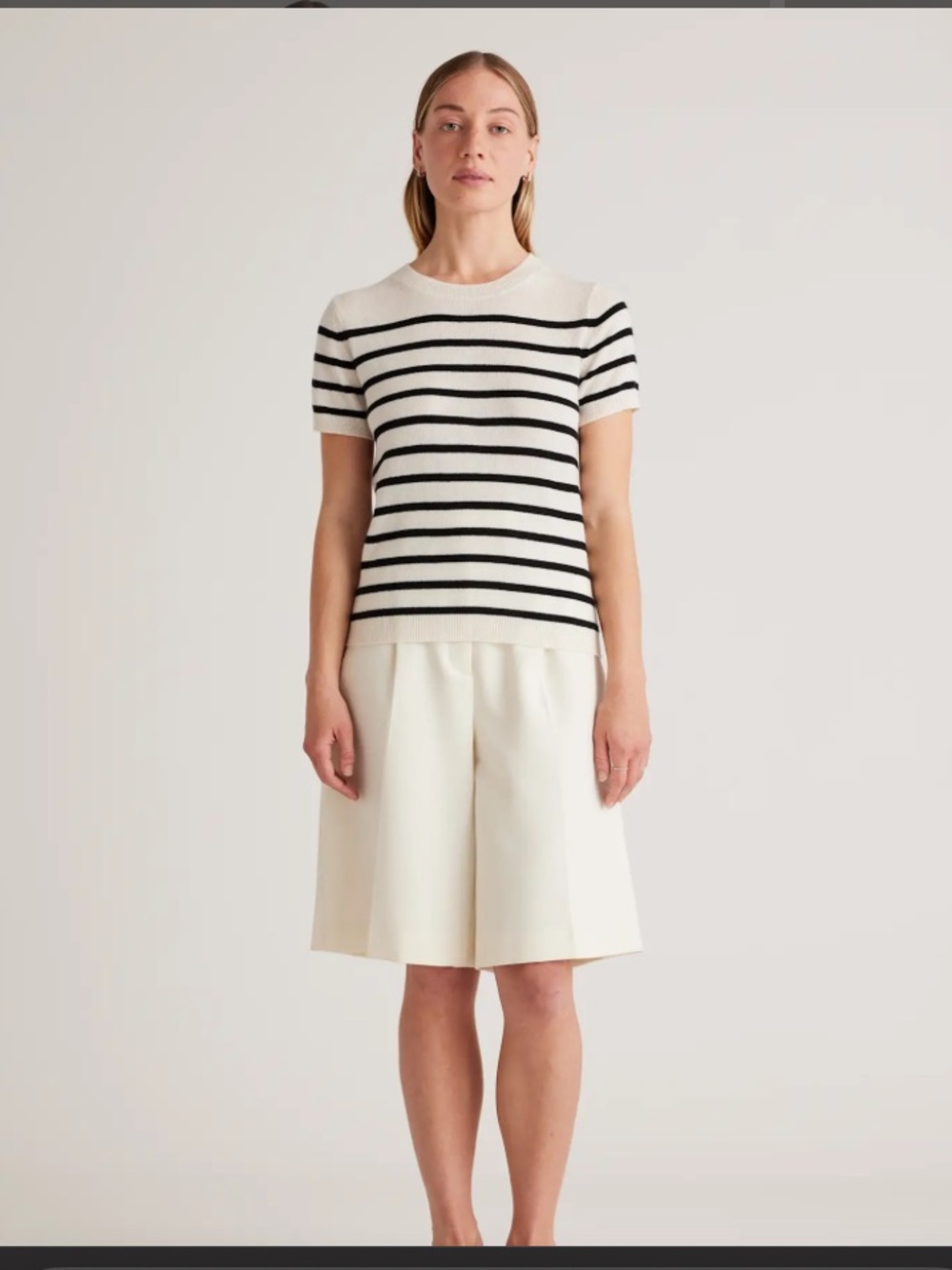 Quince Mongolian Cashmere Tee Navy Ivory Stripes Small